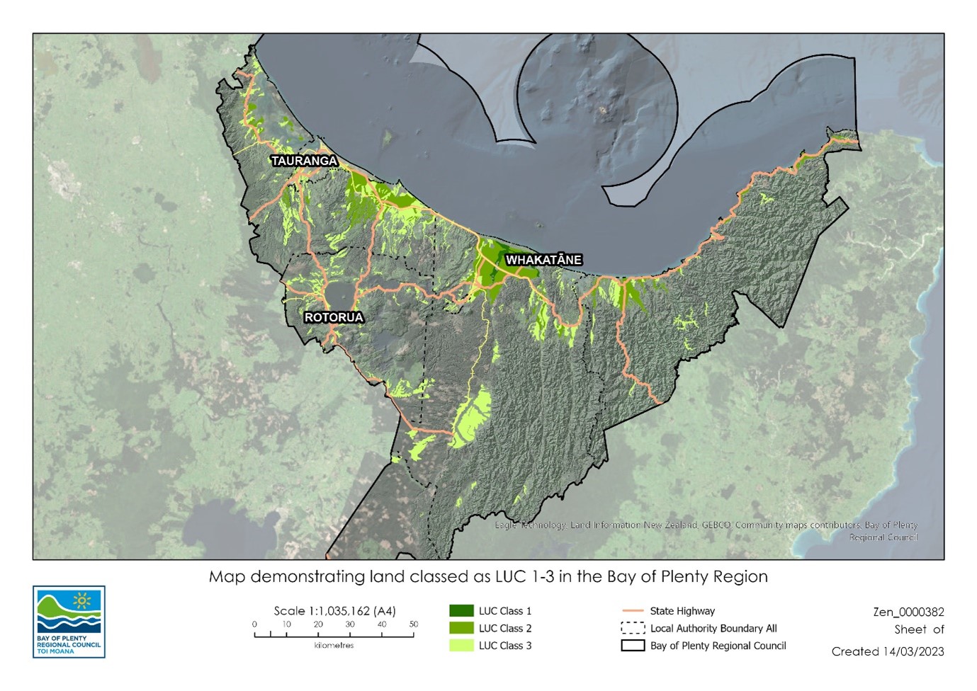 Map demonstrating land classed as LUC 1-3 in the Bay of Plenty