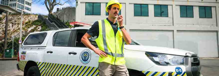 Civil Defence staff and vehicle